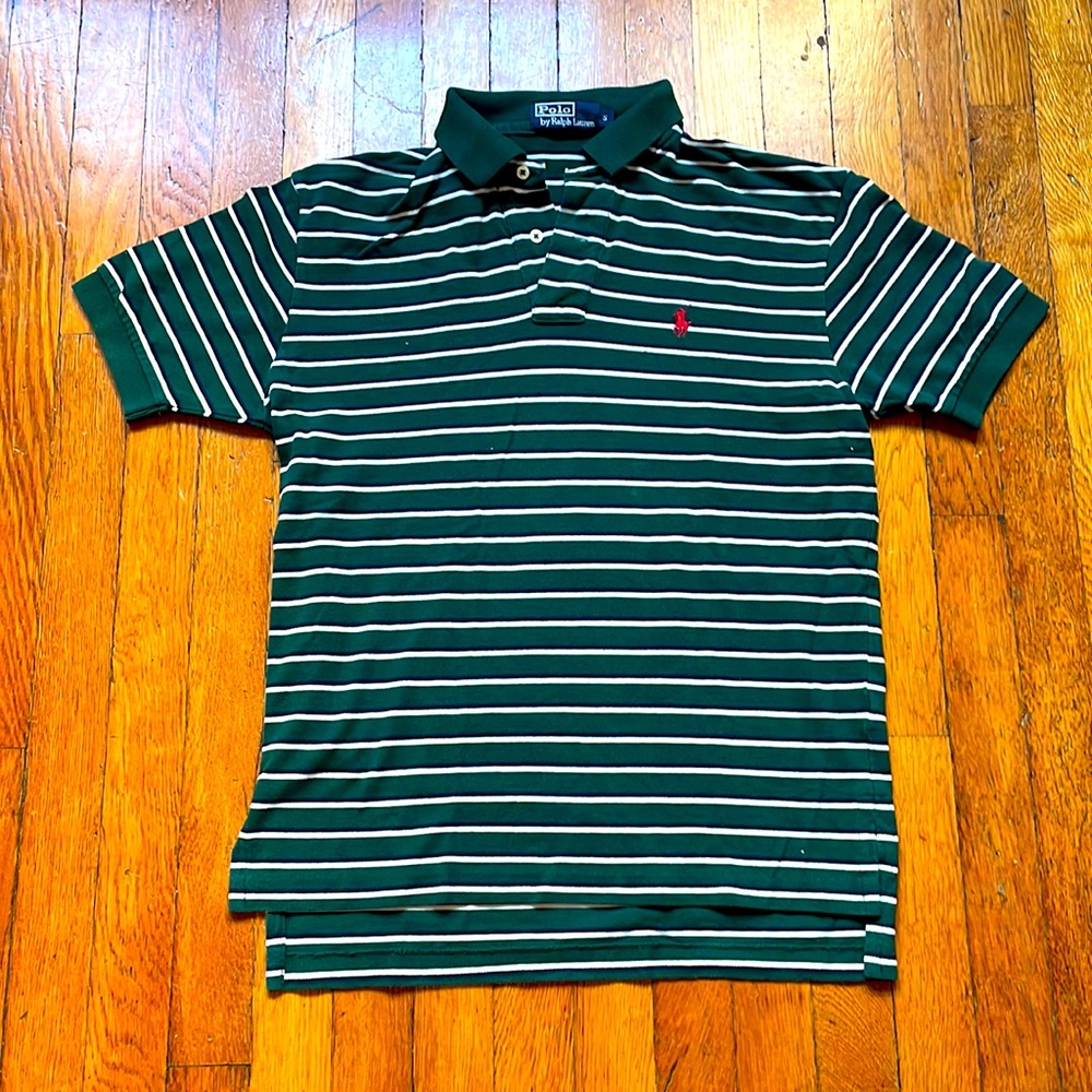 Men’s Green, Blue and White Striped Polo Shirt